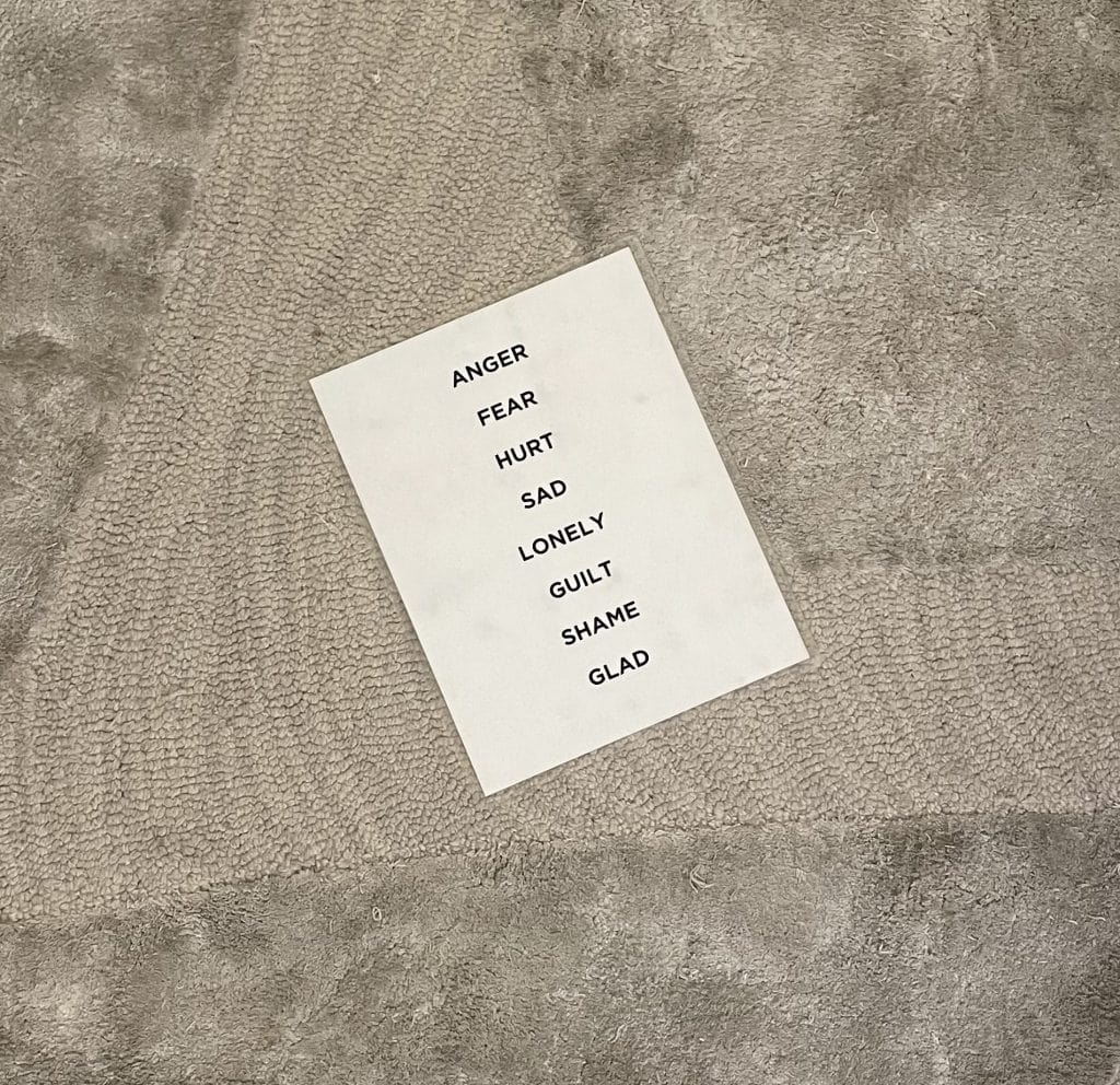A white sheet of laminated paper that lists eight core feelings, anger, fear, hurt, sad lonely, guilt, shame and glad, sits crooked on camel colored textured carpet.